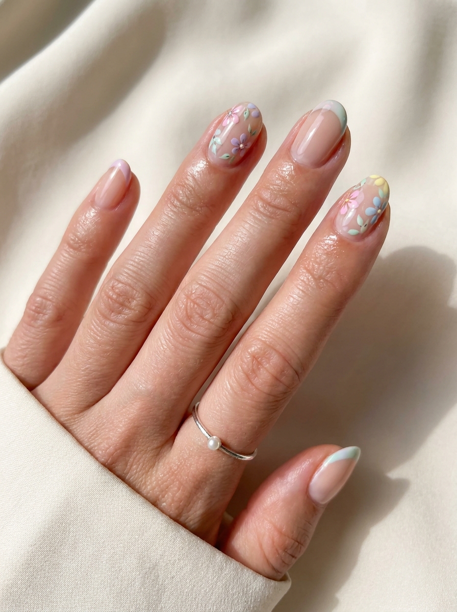 Pastell Blumennägel mit sanften Farben und kleinen Blüten